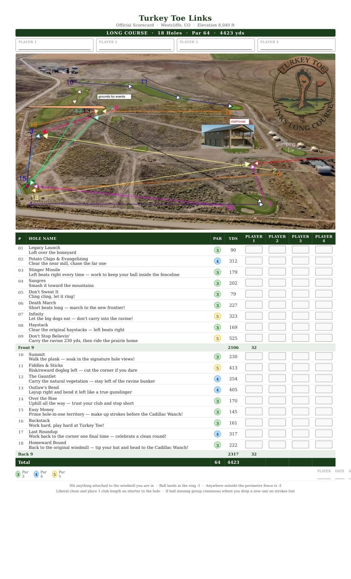 Long Course Scorecard and Map — 18 Holes, Par 64, 4,423 yds