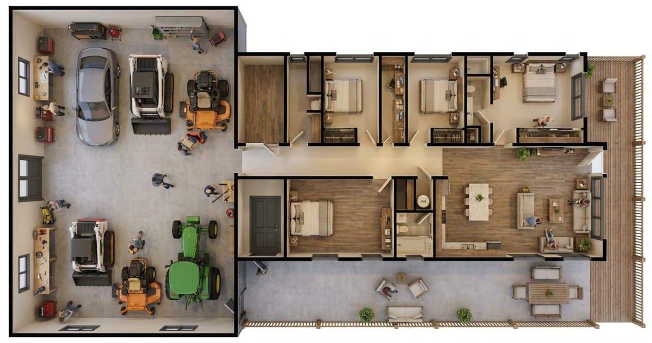 Turkey Toe caretaker retreat expanded 3D floor plan with garage, shop, living quarters, and deck