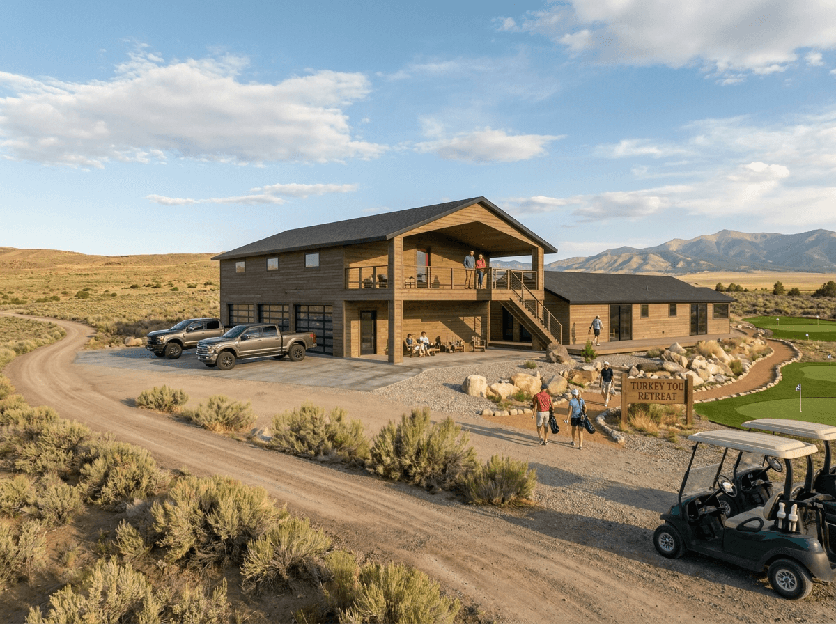 Final Turkey Toe Retreat rendering with golf cart and finished landscaping