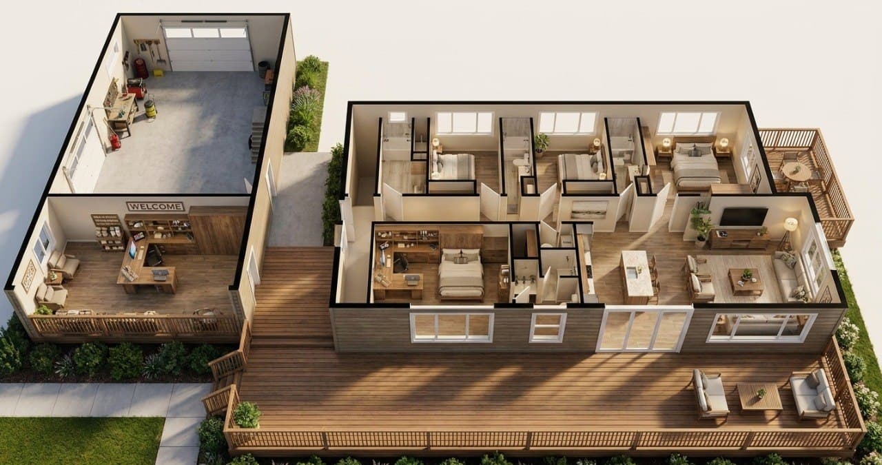 Turkey Toe caretaker retreat 3D floor plan with shop, living area, bedrooms, baths, and deck