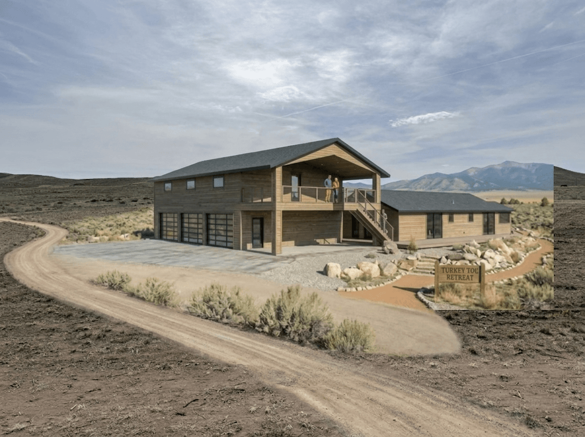 Turkey Toe Retreat massing rendering with building and entry sign