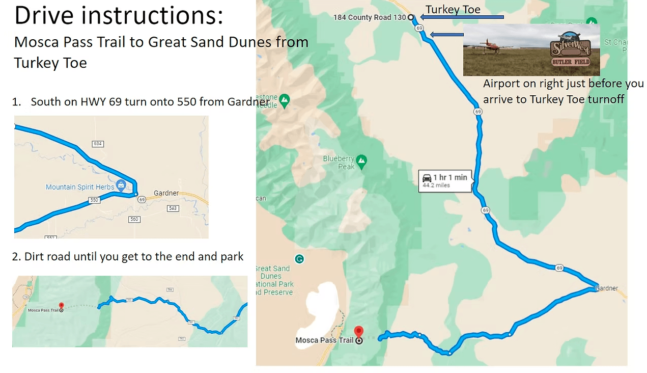 Drive instructions from Turkey Toe to Mosca Pass Trail