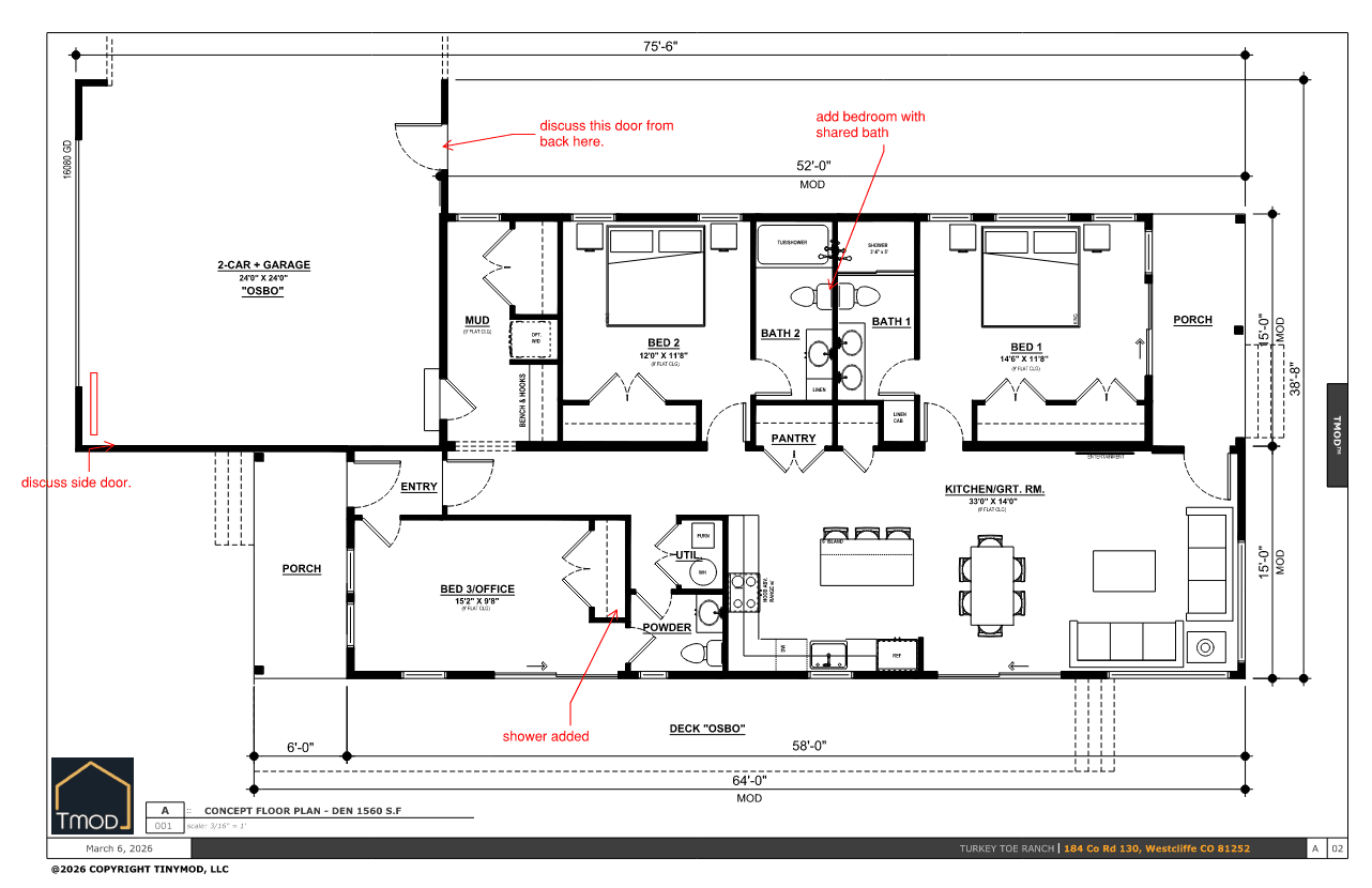 Archive β original TMOD concept floor plan DEN 1560 SF with attached 2-car garage, before shop was separated into standalone site-built Party Barn