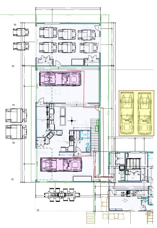 Party Barn floor plan marked up with purple boxes showing everyday caretaker parking bays, yellow boxes showing event-day caretaker parking behind the event space, and a red line tracing the walking path from parking into the mud room entrance