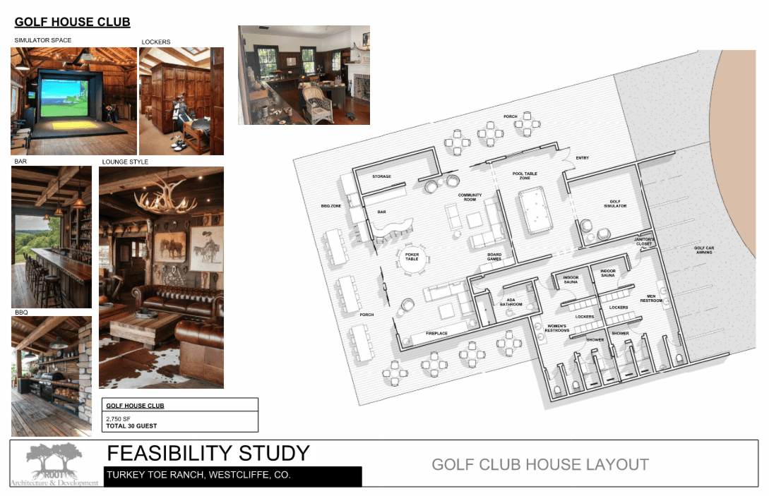 Golf Clubhouse floor plan β 2,750 SF with simulator, bar, sauna, locker rooms, and game tables