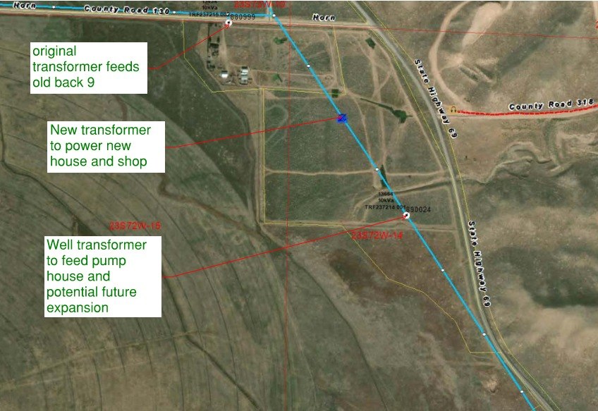 Annotated aerial utility map of Turkey Toe Ranch showing three transformer locations along State Highway 69 and County Road 130