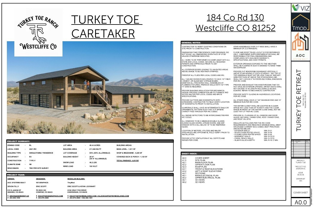Turkey Toe Caretaker — Cover Sheet A0.0, 184 Co Rd 130, Westcliffe CO 81252