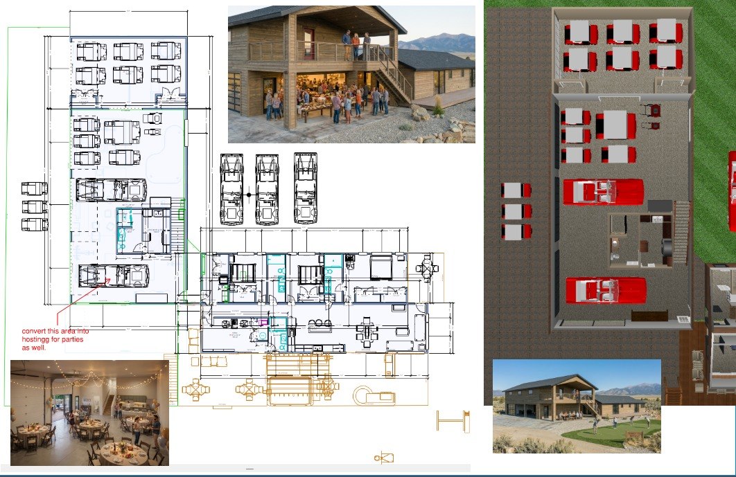 Turkey Toe Party Barn first floor β architectural plan showing 4-bay equipment storage, caretaker zone with full bathroom and prep kitchen, outdoor covered patio, plus event reference photos: packed outdoor gathering with upper deck, elegant indoor banquet with round tables and string lights, 3D overhead of vehicle bays, and completed exterior with Sangre de Cristo backdrop