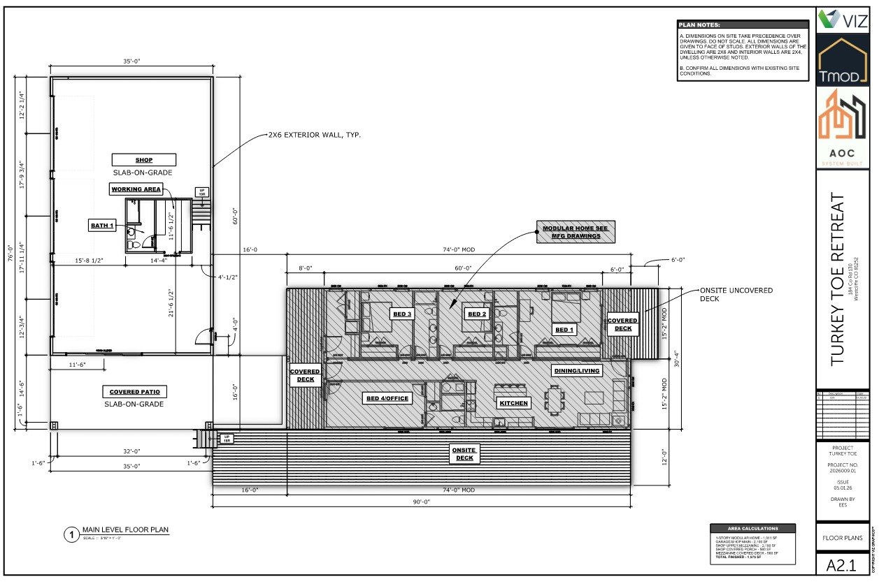 Turkey Toe Retreat — Sheet A2.1 Main Level Floor Plan: Shop, Bath 1, Working Area, 4 Bedrooms, Kitchen, Dining/Living, Decks