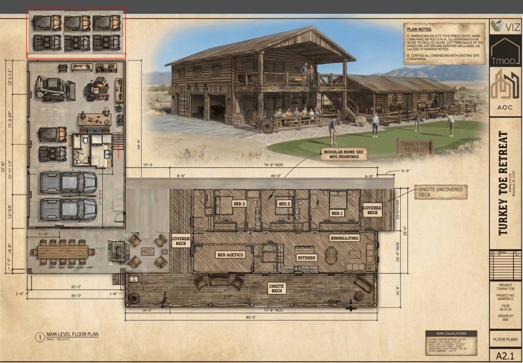 Turkey Toe Party Barn β main level floor plan showing shop bays, caretaker quarters, covered decks, and exterior rendering of the two-story barn with putting green frontage