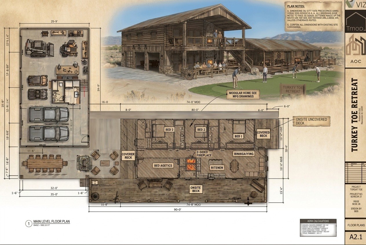 Turkey Toe Retreat — AI-rendered western finish vision: log exterior, barn doors, covered porch, and main level floor plan overlay