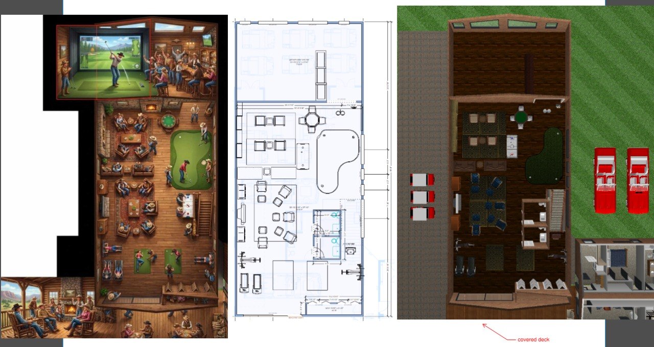 Turkey Toe Roost upper level β three-panel layout showing AI rendering, architectural floor plan with powder rooms and putting green rotated north-south, and annotated color layout