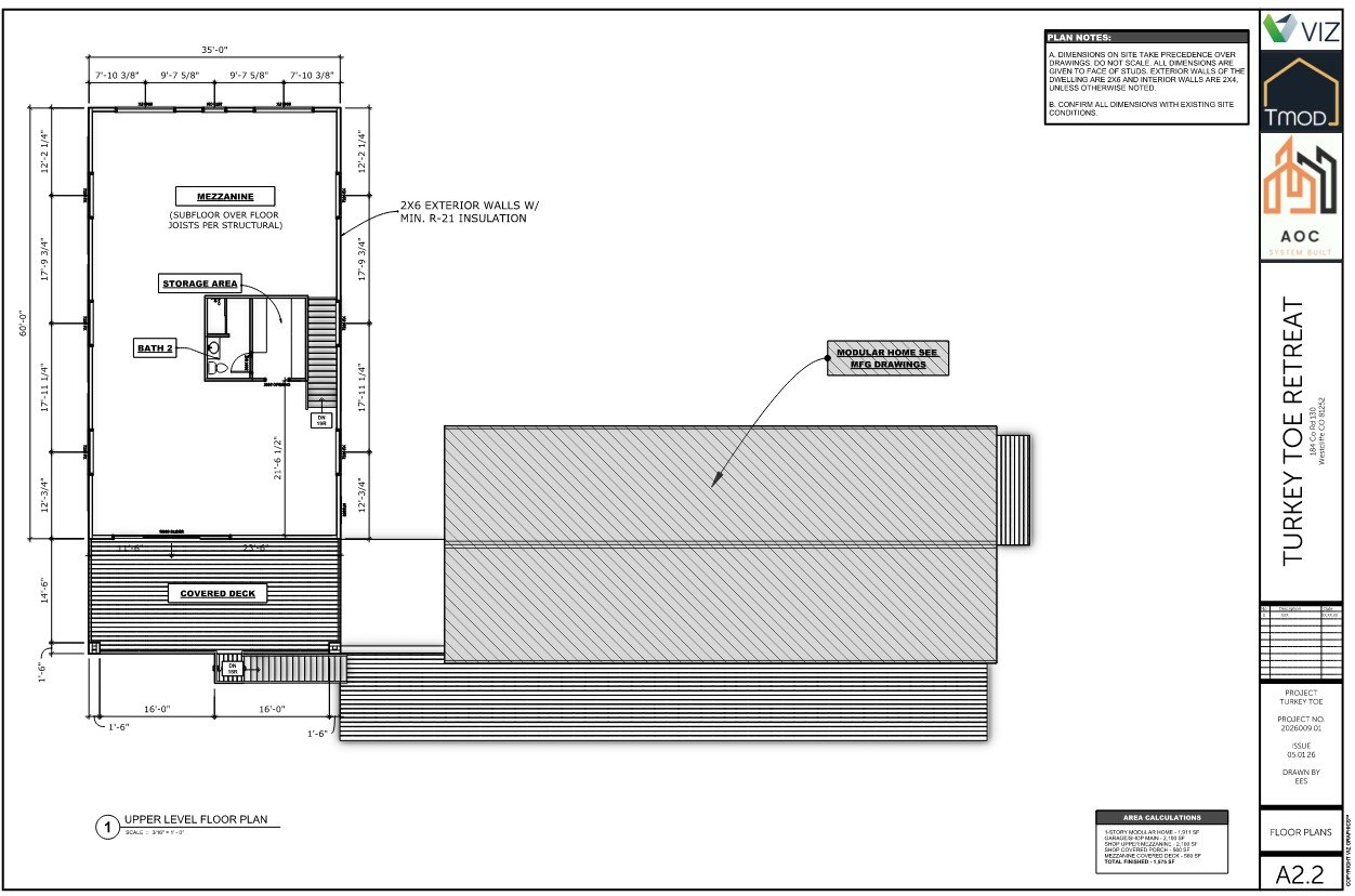 Turkey Toe Retreat — Sheet A2.2 Upper Level Floor Plan: Mezzanine, Storage, Bath 2, Covered Deck