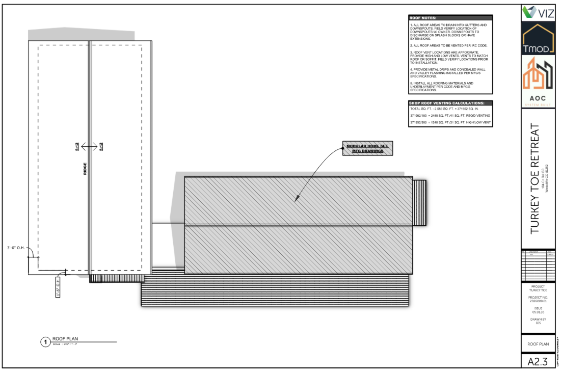 Turkey Toe Retreat — Sheet A2.3 Roof Plan showing shop ridge, overhangs, and modular home roof connection