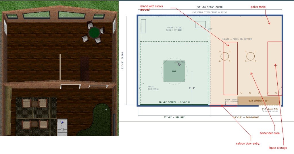 Turkey Toe Saloon Social Club detailed plan β 33'-10 wide x 21' clear, 16x9 simulator at 9' height, bar island with stools, poker table, saloon door entry, bartender area, liquor storage, AV nook, and plumbing pass-thru to lower level