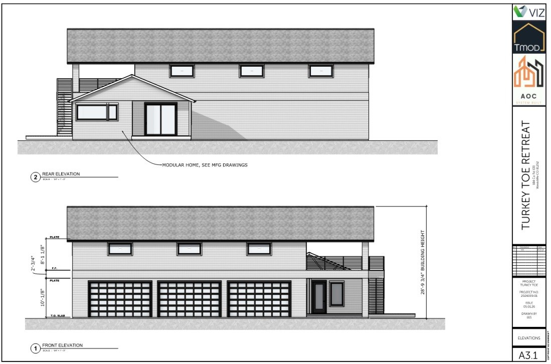 Turkey Toe Retreat — Sheet A3.1 Front and Rear Elevations, 28'-9 3/4" building height