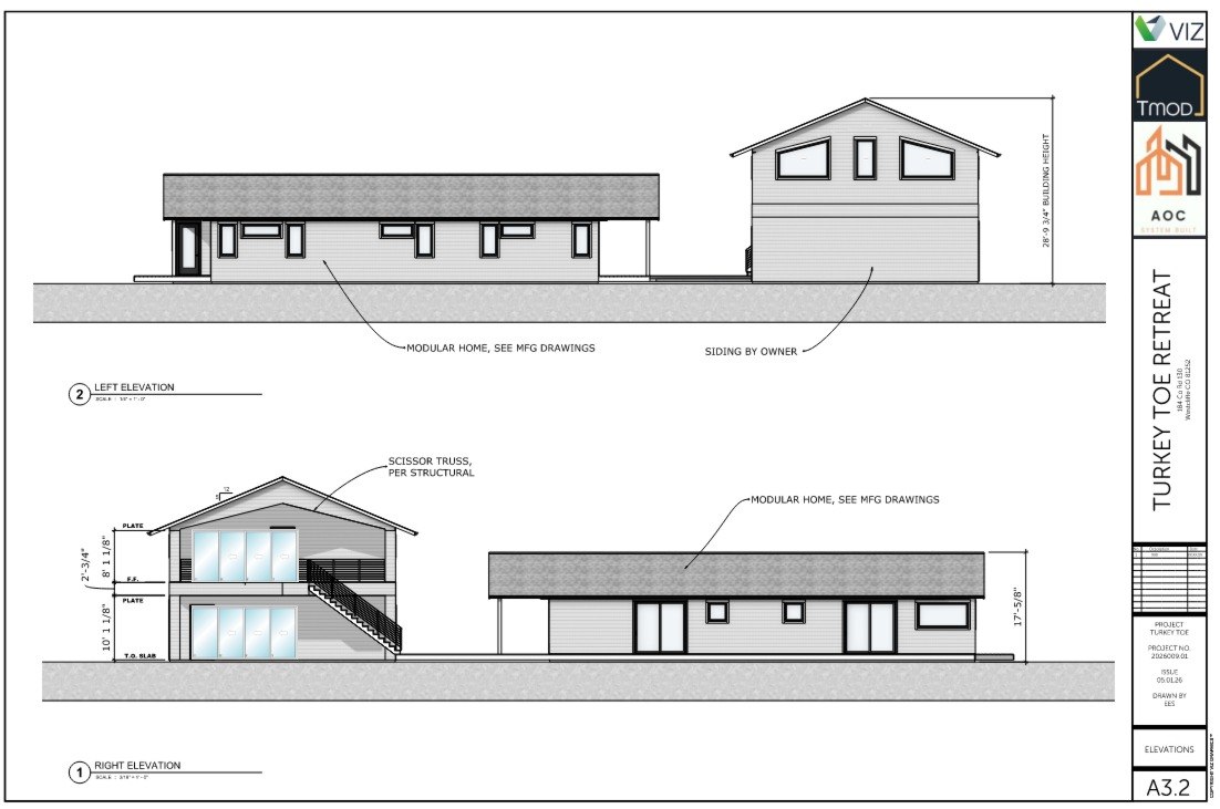 Turkey Toe Retreat — Sheet A3.2 Right and Left Elevations showing siding and modular home connection