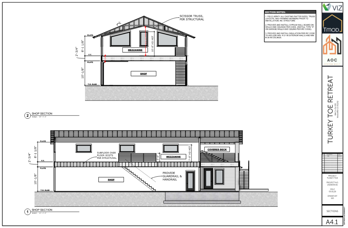 Turkey Toe Retreat — Sheet A4.1 Shop Section drawings showing mezzanine, shop, covered deck, guardrail
