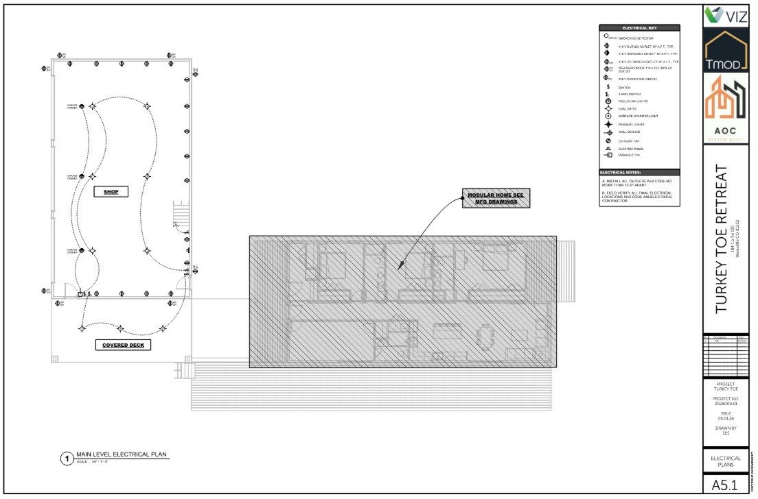 Turkey Toe Retreat — Sheet A5.1 Main Level Electrical Plan: shop, covered deck, outlets, lighting, panel