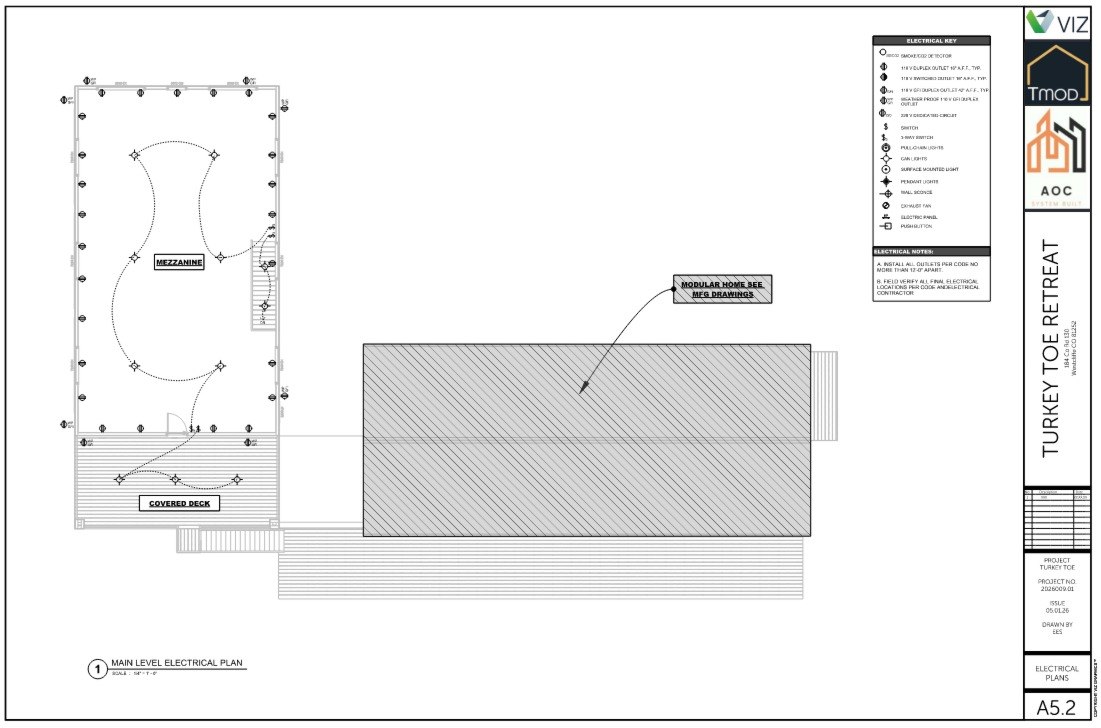 Turkey Toe Retreat — Sheet A5.2 Upper Level Electrical Plan: mezzanine, covered deck, outlets, lighting