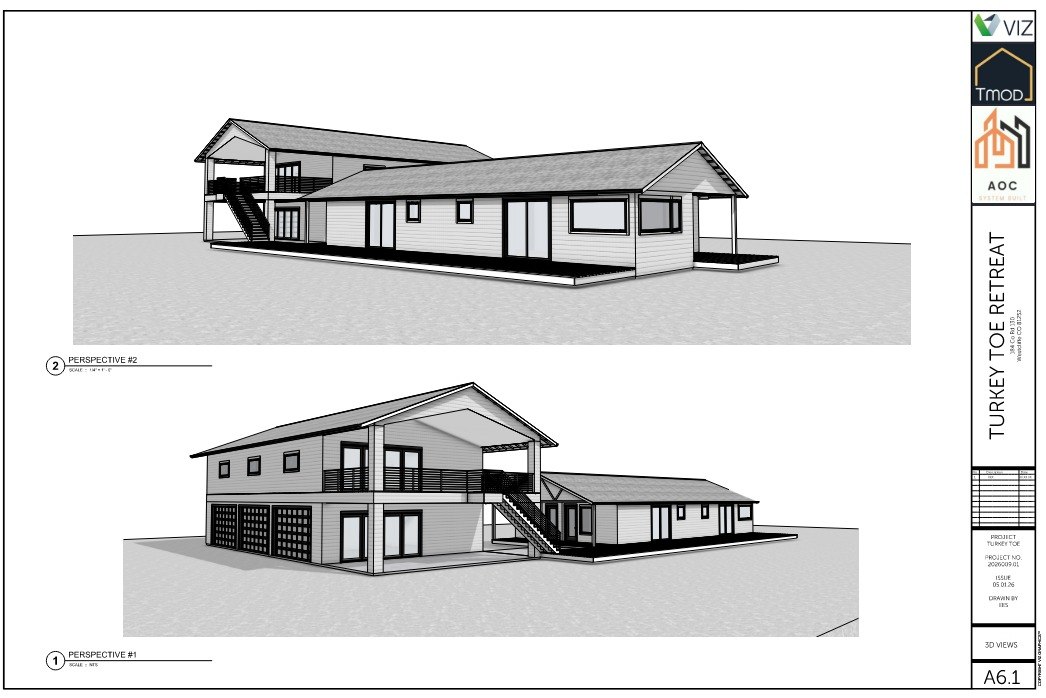 Turkey Toe Retreat — Sheet A6.1 3D perspective views of caretaker, shop, and upper party zone