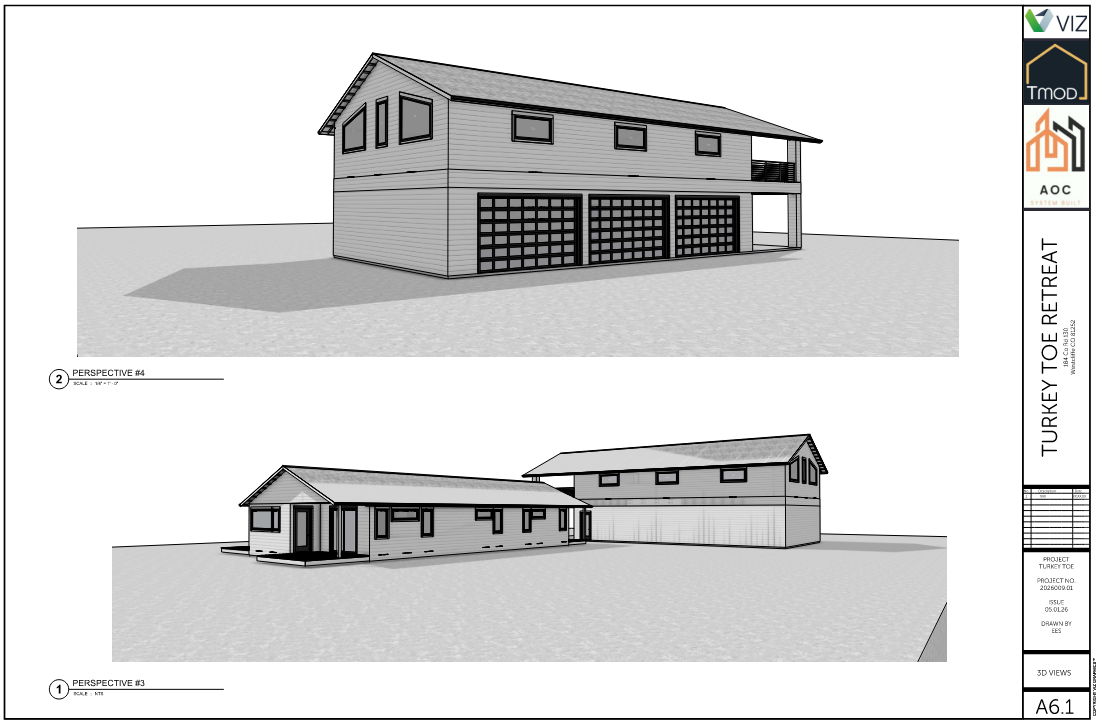 Turkey Toe Retreat — Sheet A6.1 Perspectives #3 and #4 showing shop bays and caretaker entry