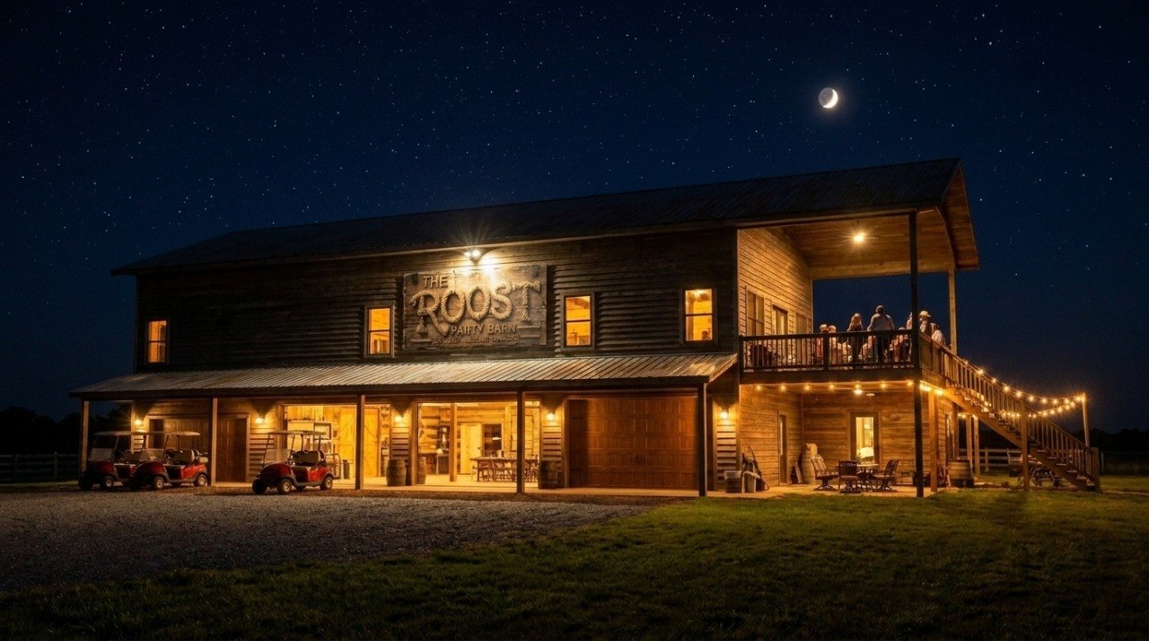 The Roost Party Barn at night β warm downward lighting, string lights on the deck, and a crescent moon over the Colorado dark sky